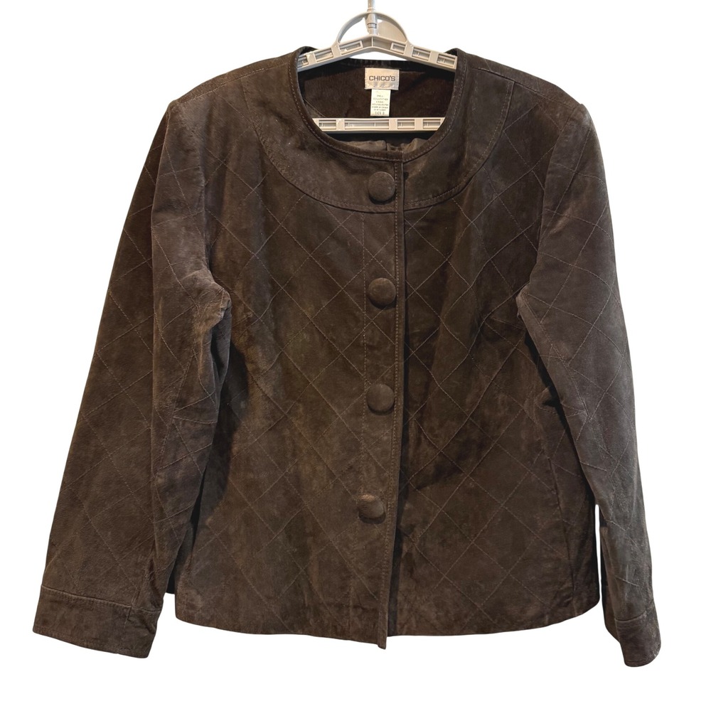 Chico's Brown Leather Quilted‎ Button Front Jacket Coat Size 16 (3) Women's